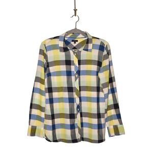 TALBOTS $89 Lightweight Cotton Plaid Button-Up Shirt Blue Yellow‎ Gray Medium